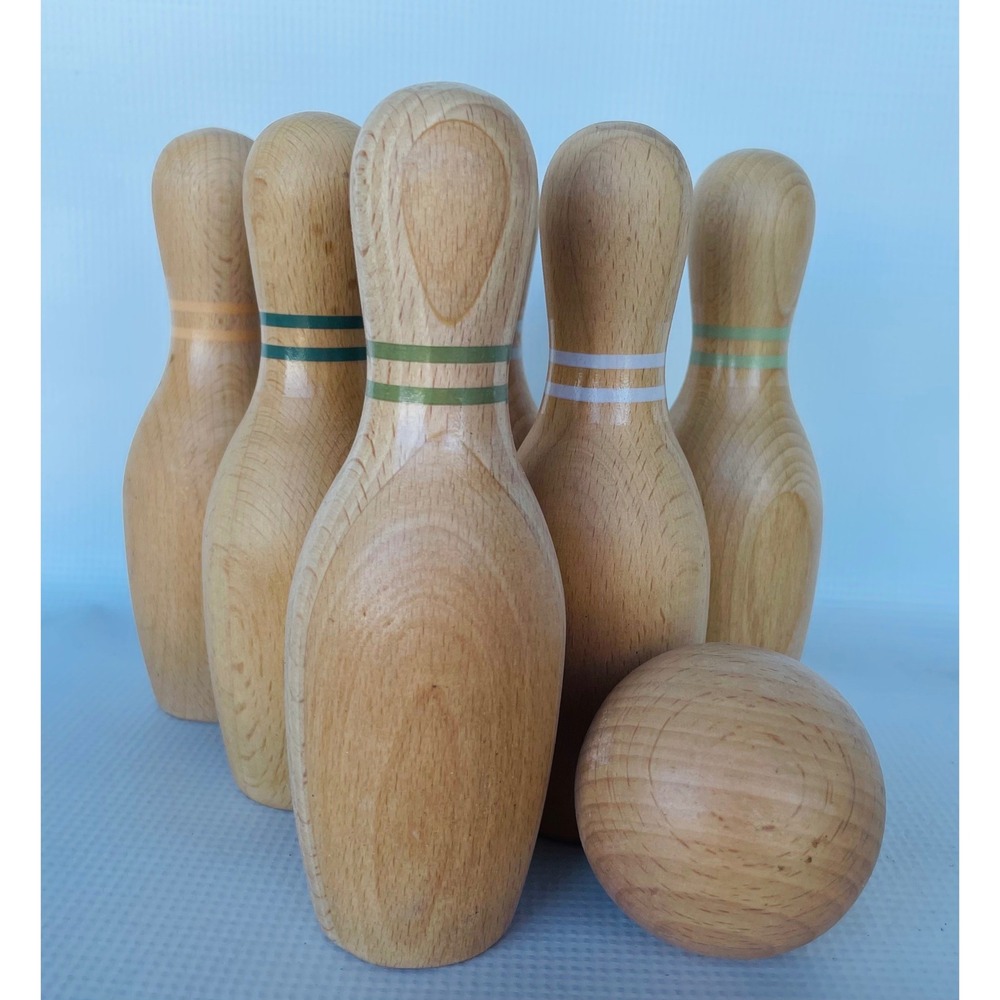 VTG Hearth & Hand Wooden Bowling Set Kids Tan Excellent Vintage Tabletop Toy 7pc